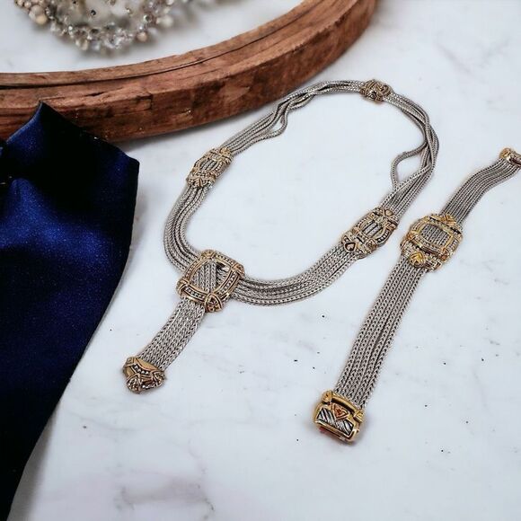 John Madeiros Women's Five Strand Necklace and Bracelet Set 2 Piece Silver Gold - Picture 1 of 10